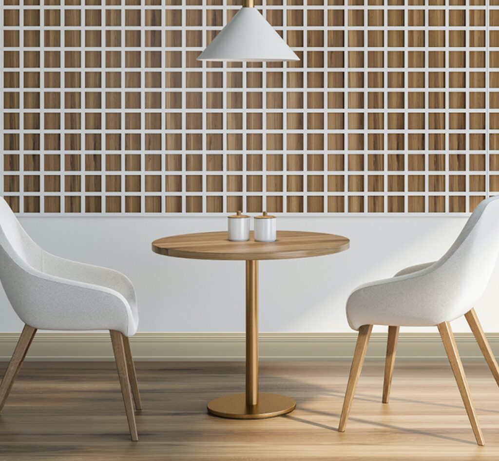 Flexco Base Sculptures in taupe in cafe with wooden bistro table and stylish chairs