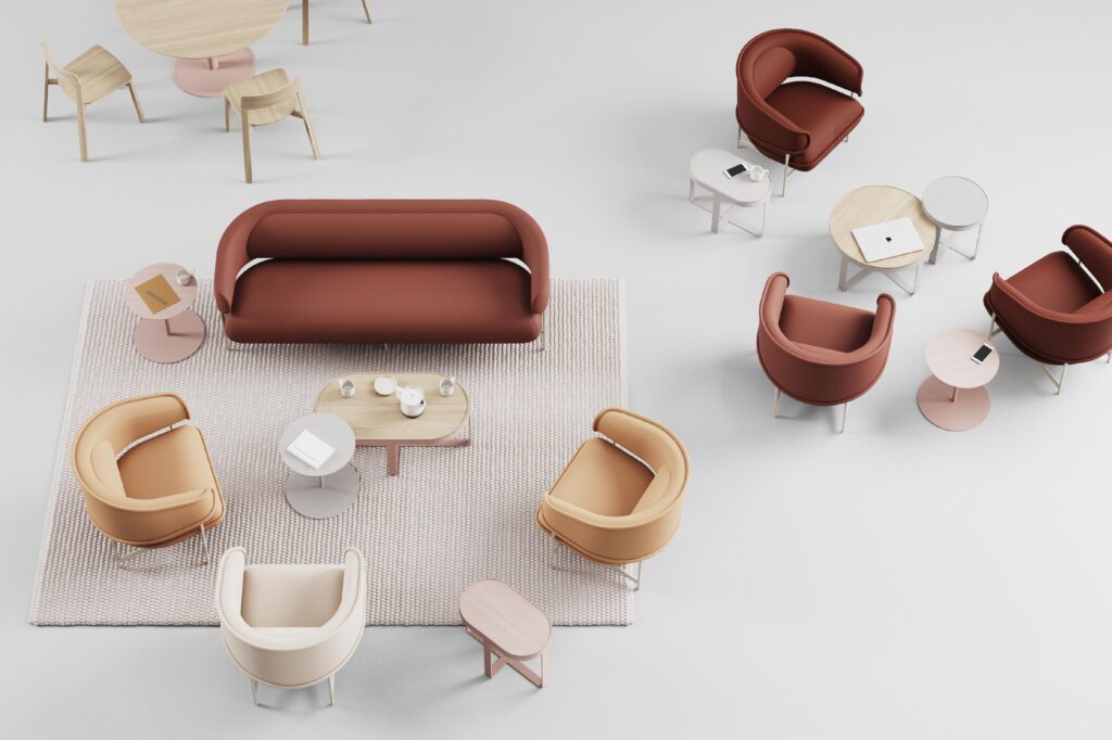 Hightower Flote seating view from above with lounges, sofa, and various tables