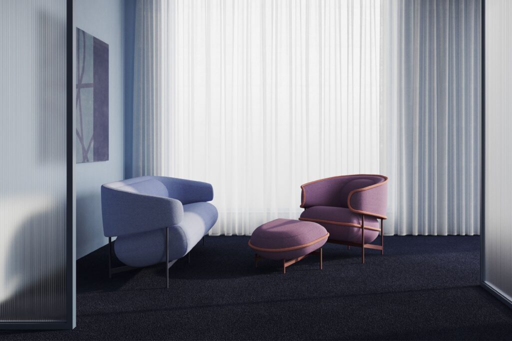 Flote sofa light blue and Flote lounge in periwinkle with contrasting orange seam