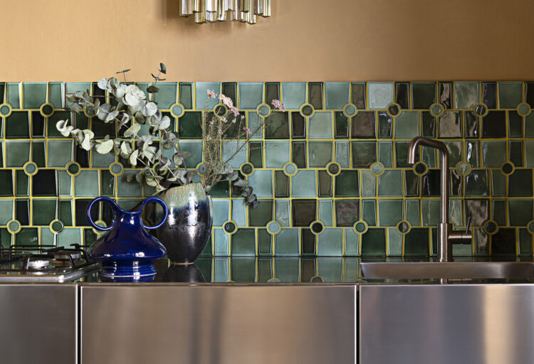 ultrafine porcelain in blue green on backsplash