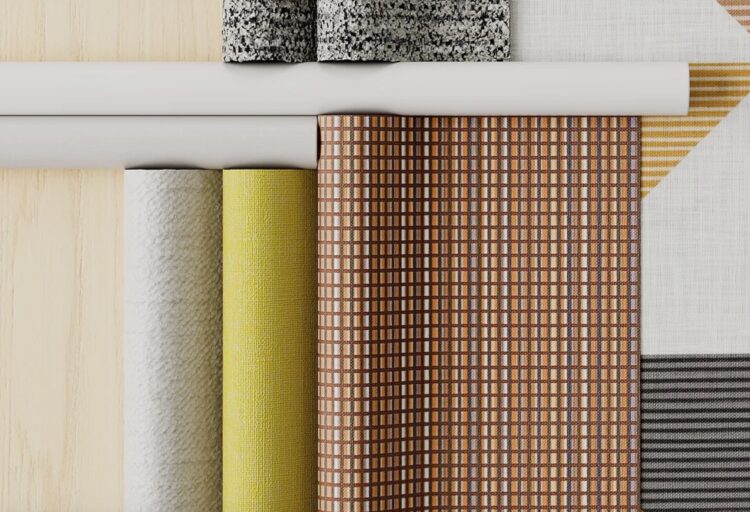 Designtex Lineup vinyl textile in orange, brown, pea green, gray