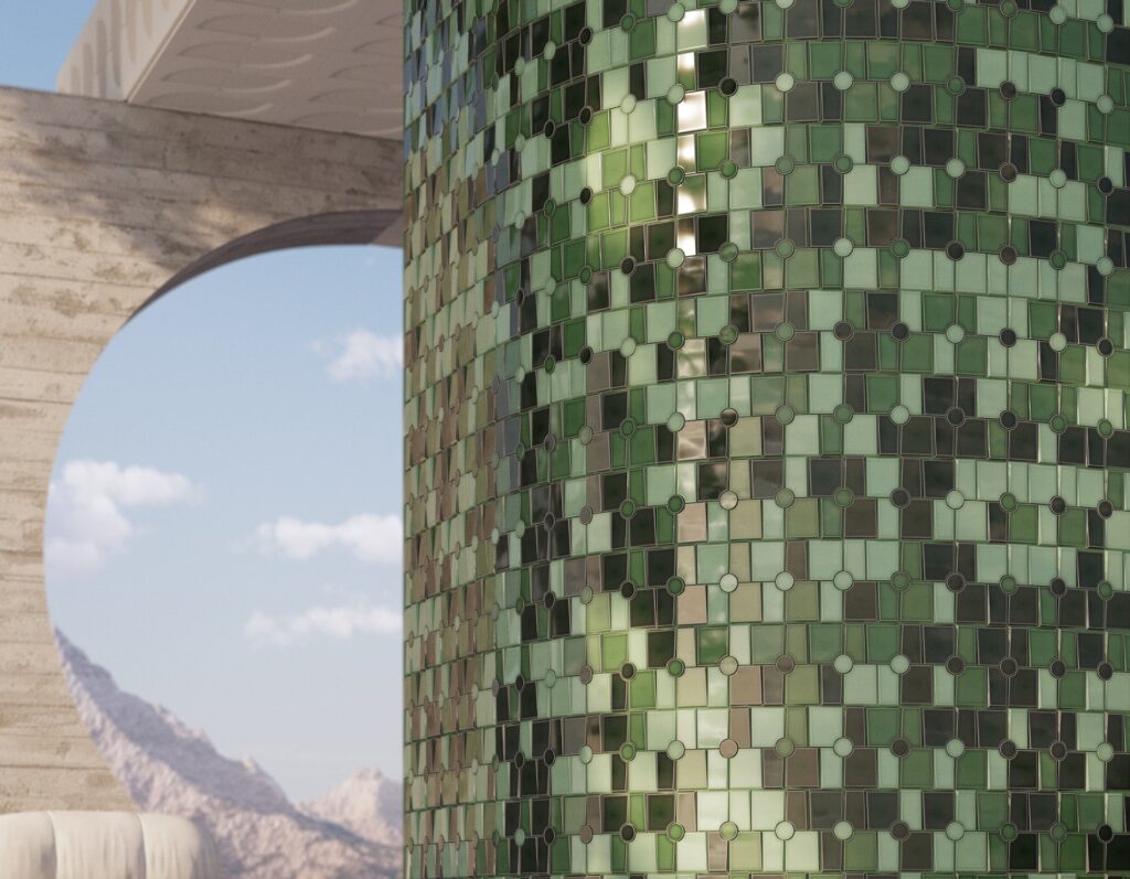 Ultrafine porcelain on outdoor column in various shades of green and gold