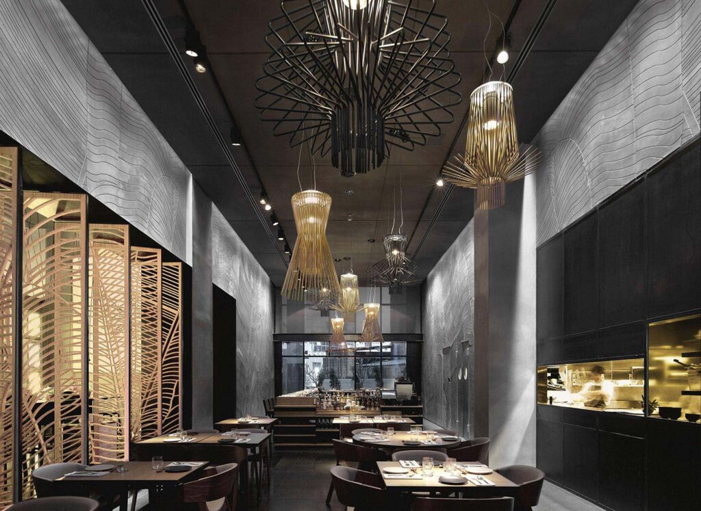 Several Allegro lights in different configurations in fancy restaurant