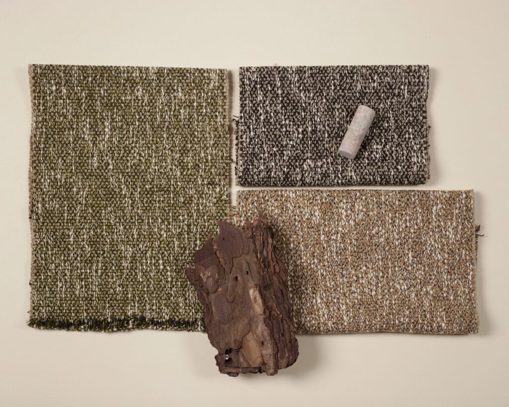 Textile swaches green, blue, brown with mottled white throughout