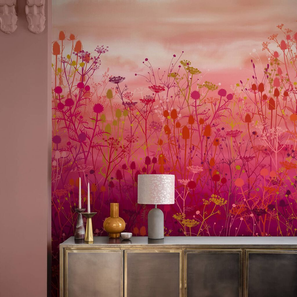 Tania's Garden design field wildflowers on backdrop of gradations of reds and pinks