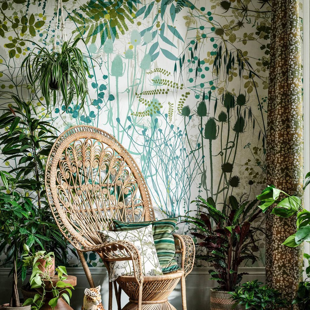 Serendipity Greenhouse from Clarissa Hulse collection with depictions of meadow wildflowers in greens, blues, olives