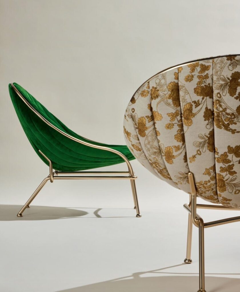 rear view and side view of green and white/gold LaVenus chairs