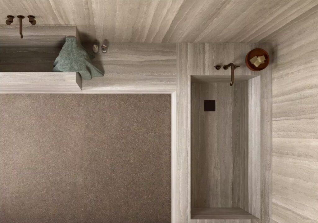 Overhead view of porcelain stoneware collection as installed in bathroom