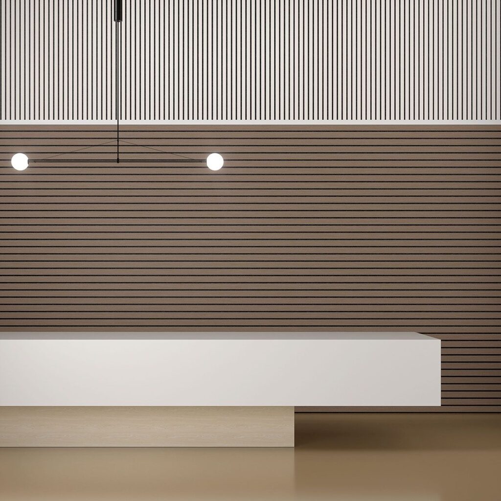 Architectural panel installation with slat style in vertical and horizontal configuration