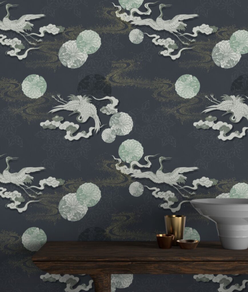 Japonisme collection whitish cranes and floral forms on slate gray backdrop