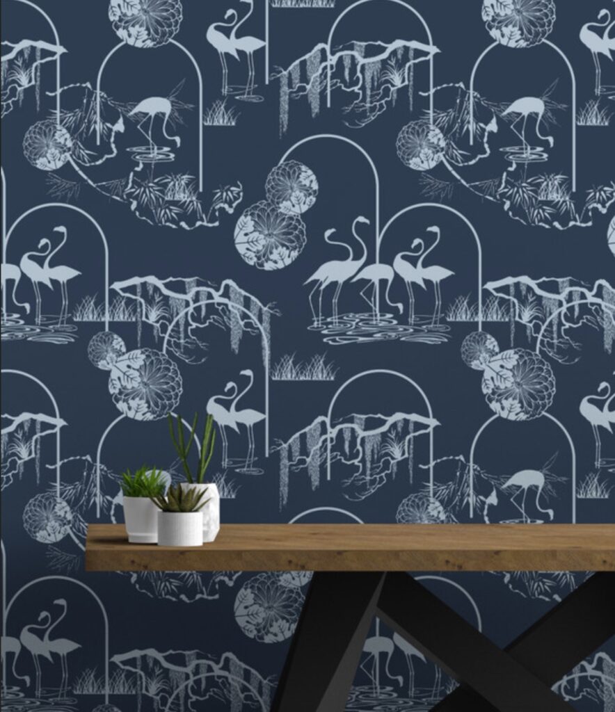 Cranes with flowers in a geometric and stylized motif.