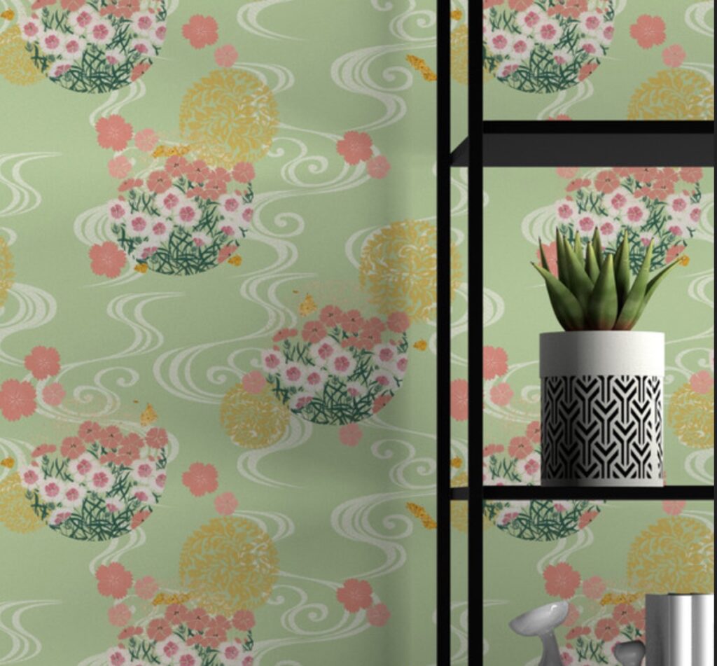 Floral forms like blossoms on a backdrop of green with white swirling forms