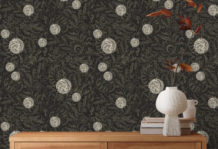 Soicher Marin wallcovering with white blossome on a dark blue background