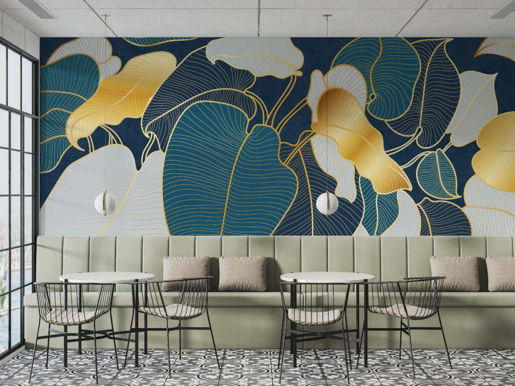 Gilded leaves embossed wallcovering in café