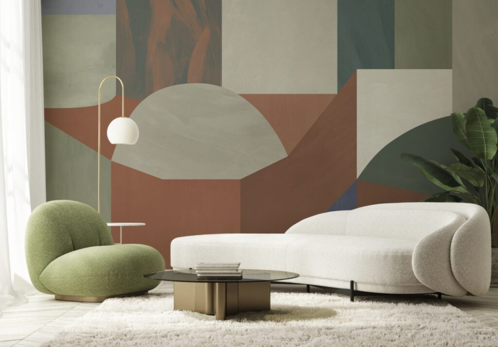Lyric wallpaper in living room with shag rug, sofa, and lounge.