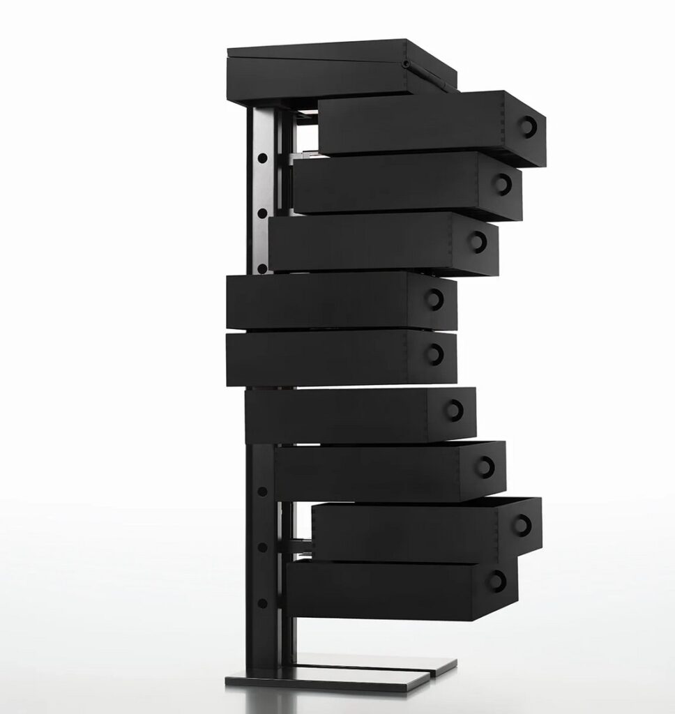 Robot in black, side view with drawers in different positions