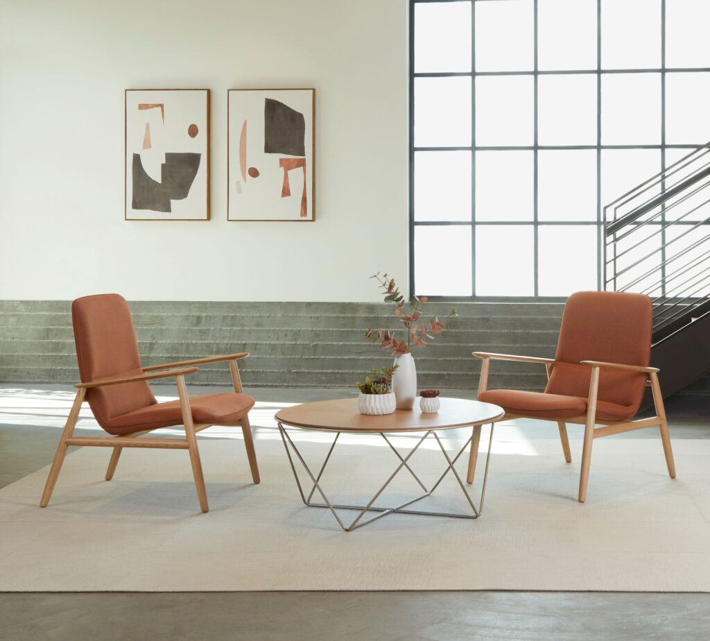 Pirra lounge salmon colored with coffee table on white rug