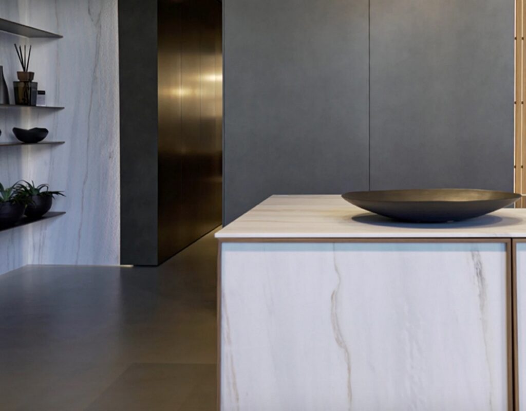 Vena Oro marble on kitchen island, side view