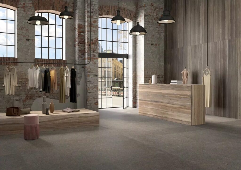Compatta collection. Various styles and designs on bench and checkout desk in retail clothing store