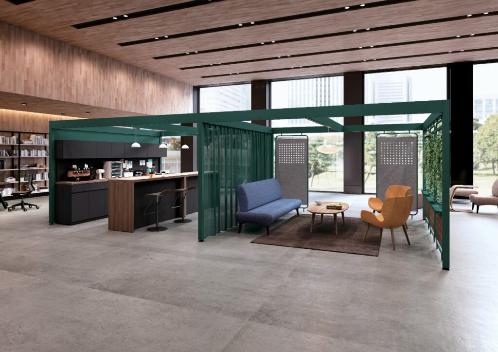 Post + Beam in green with lounge seating and bar set-up