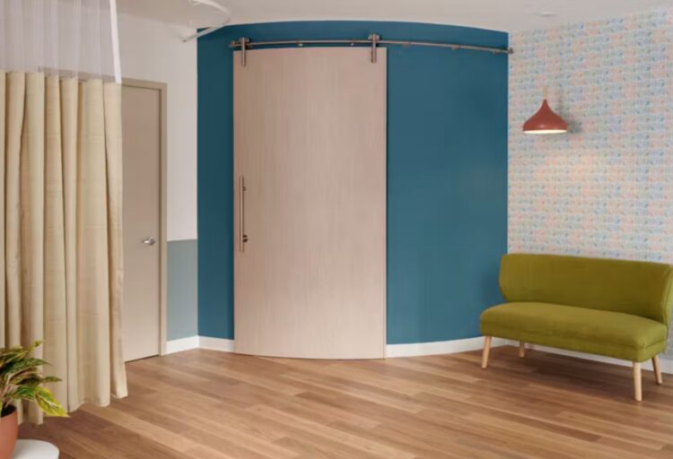 Curved door in taupe with blue wall behind