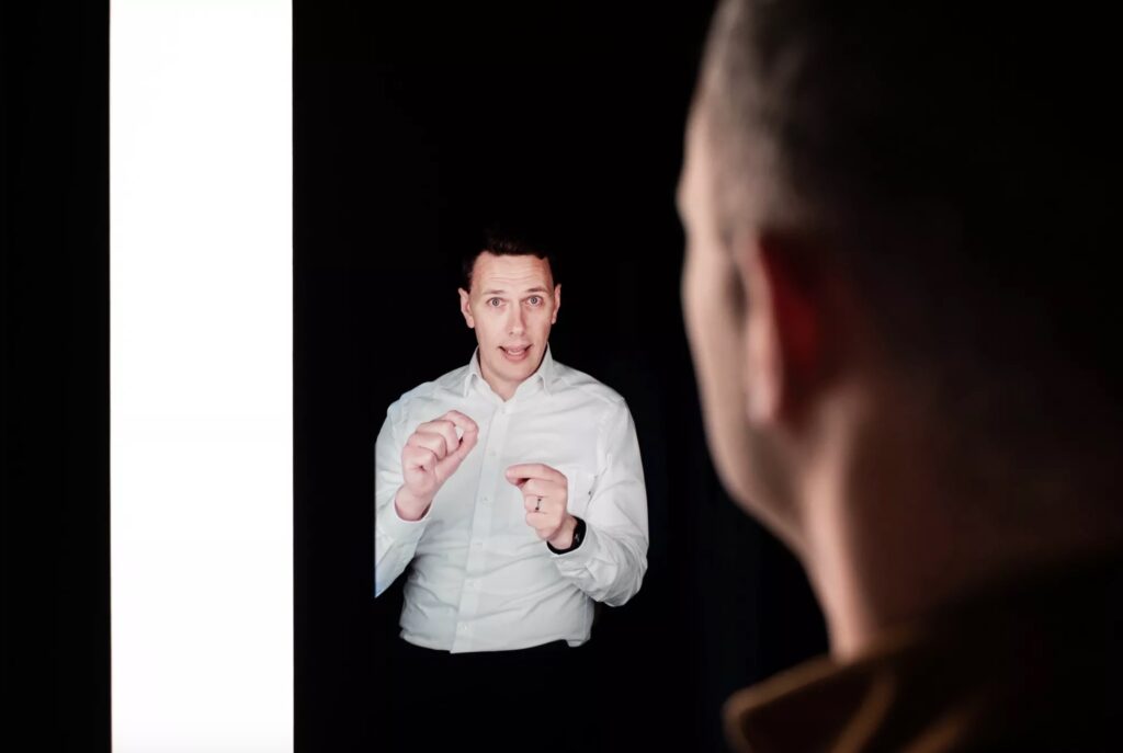 Framery contact view of man talking 
