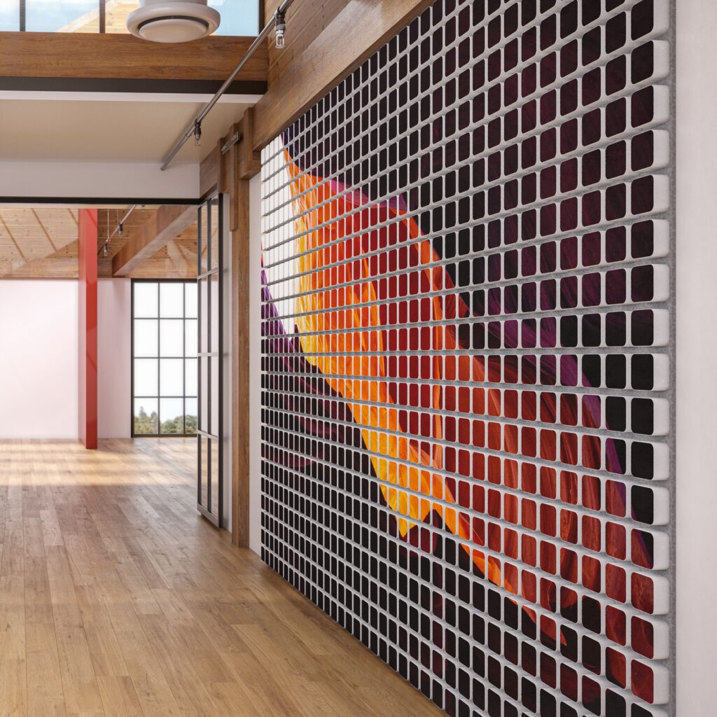 wall-sized acoustical panel display with billowing flame
