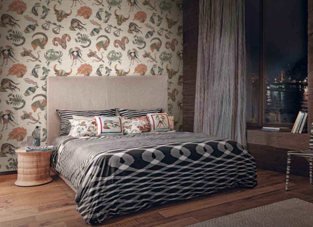 Constellations wallcovering behind bed
