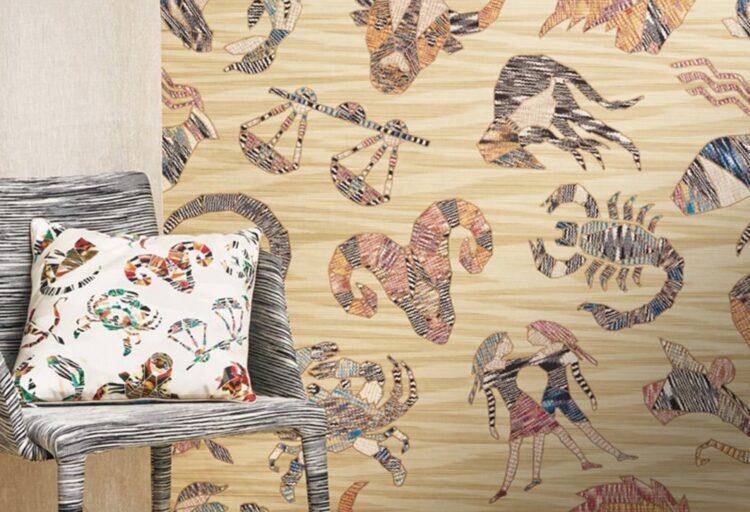 Constellations wallcovering with mustard background and multi-use chair