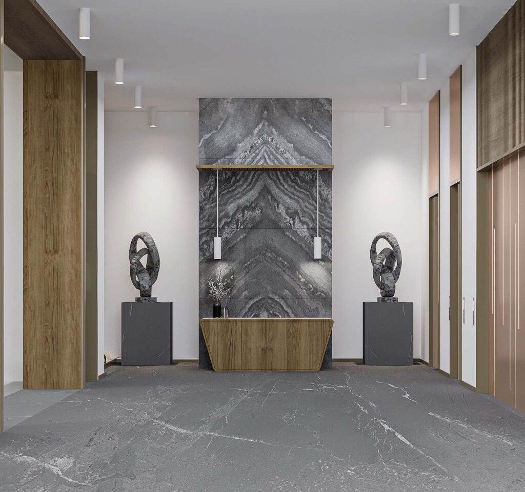 CSL Cylinder lighting in vestibule of apartment building
