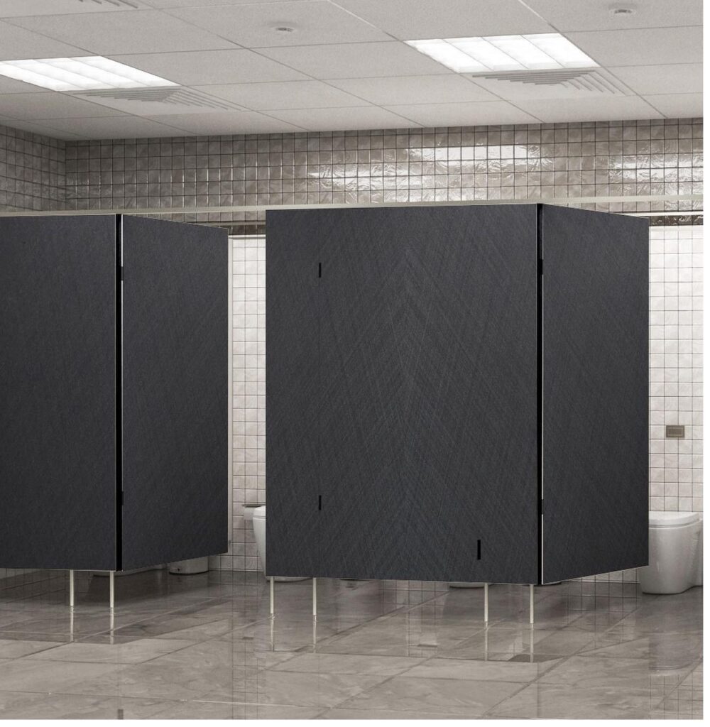 Washroom cubicles made of high-pressure laminate in charcoal