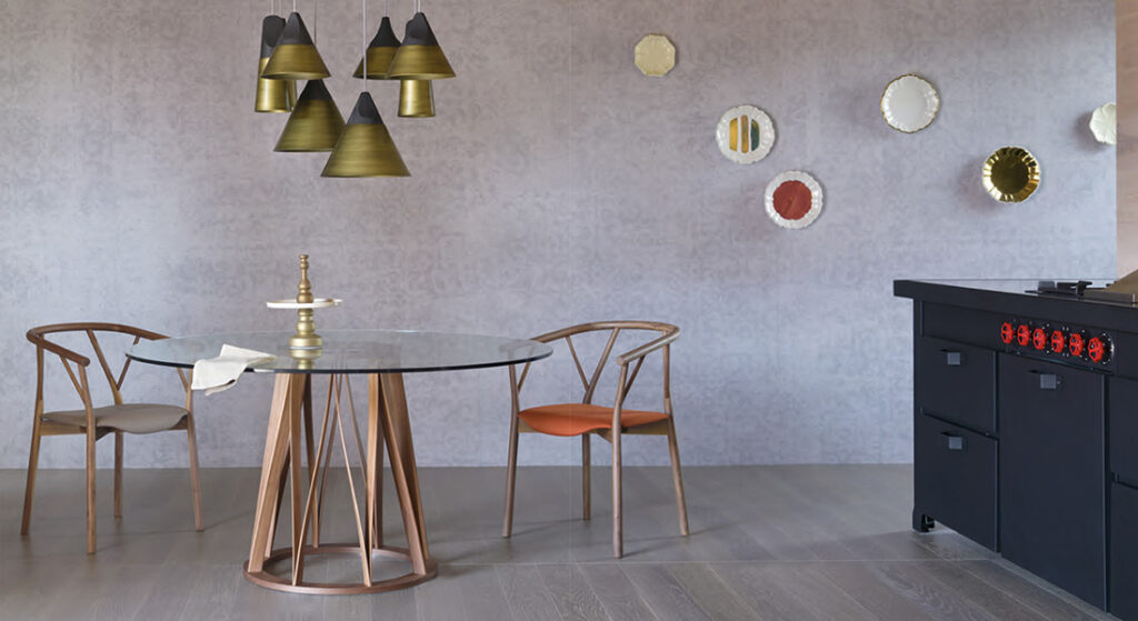 ACCO with glass top and wood base in hip kitchen
