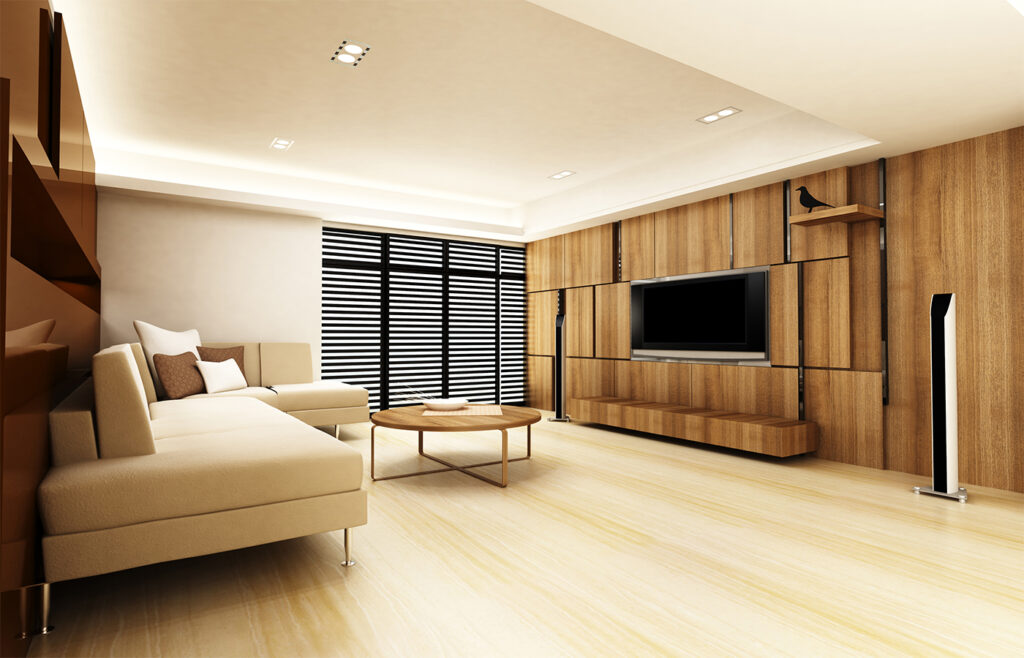 A room with a TV console that looks like real wood but is made from laminate