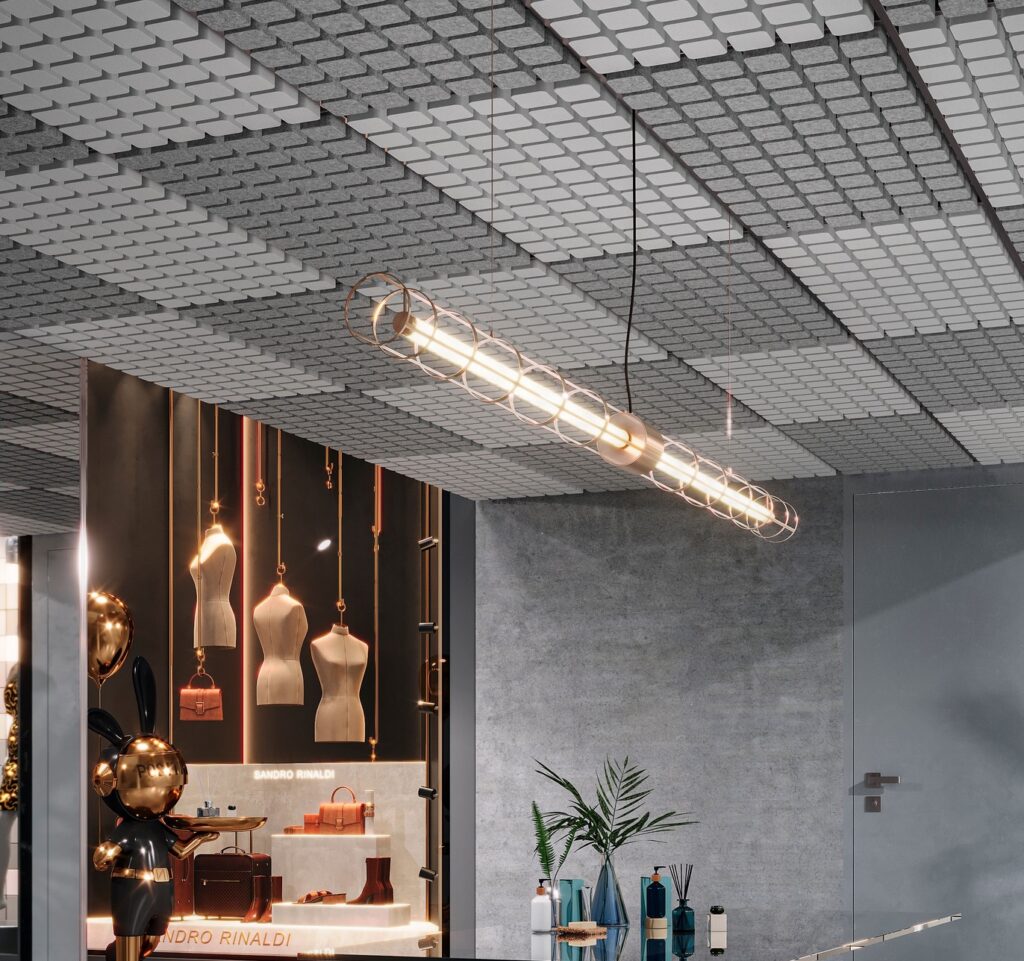 acoustical ceiling panels in alternating rectangles of gray and white