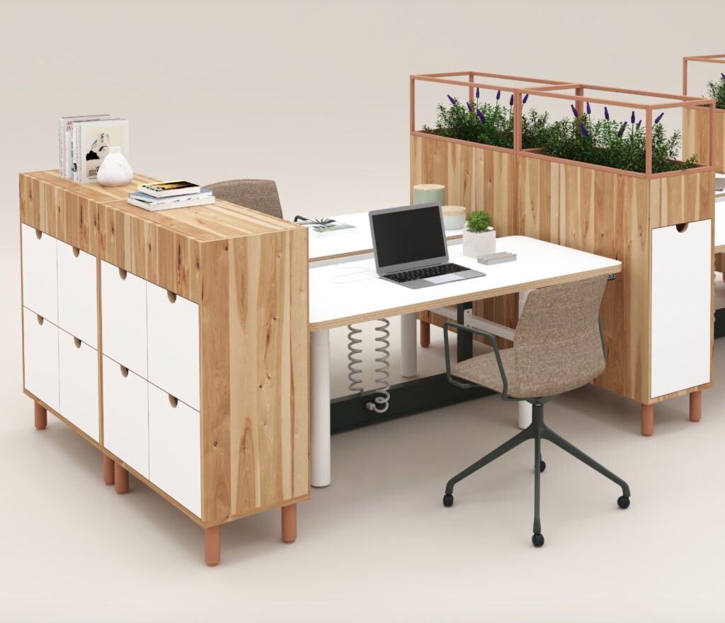 Matching desks facing one another with matching end cap storage/planter in white and natural wood