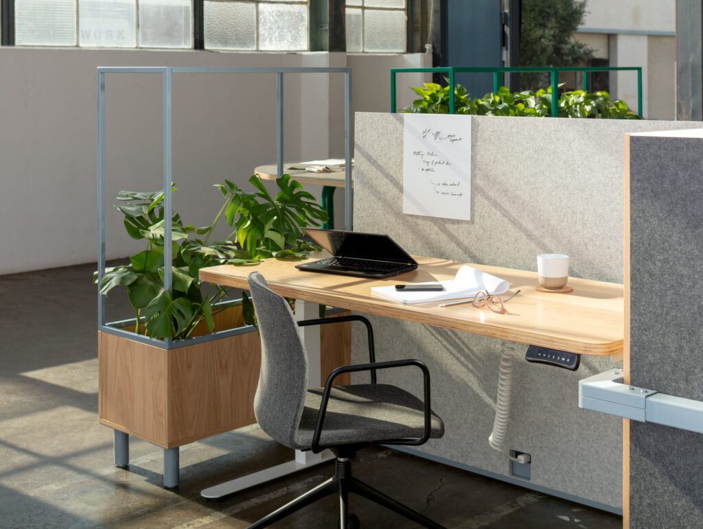 Workplace nook with privacy screens and planter