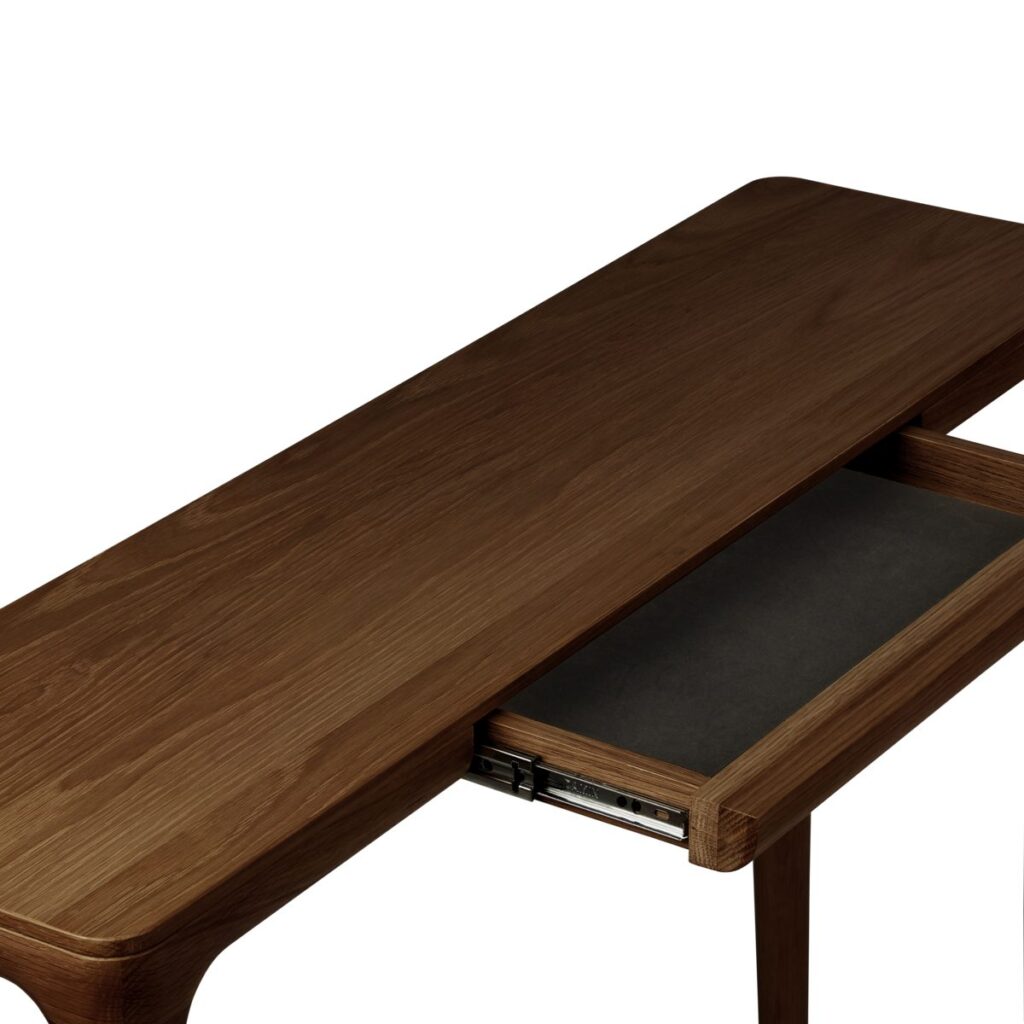 Console in dark oak close-in view of drawer