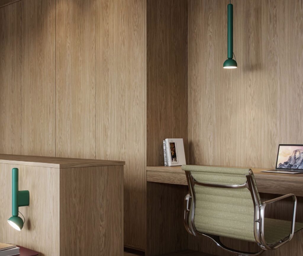In bedroom side table and pendant above desk in green
