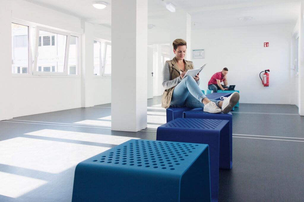 bench seating shown indoor various shades of blue