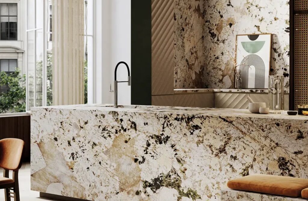 Alpinus White from XTONE sintered stone on island and walls