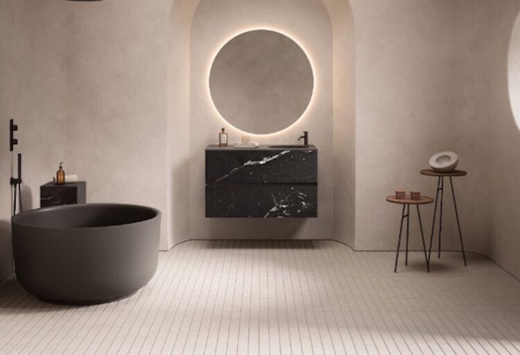 Strato marble collection dark vanity, tub, and circular mirror