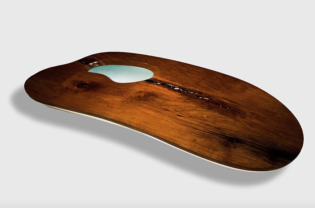 Black walnut and acrylic table view from above