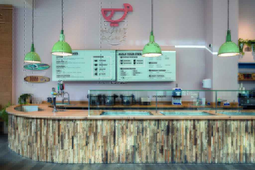 restaurant interior with counter front  in decorative wood panel