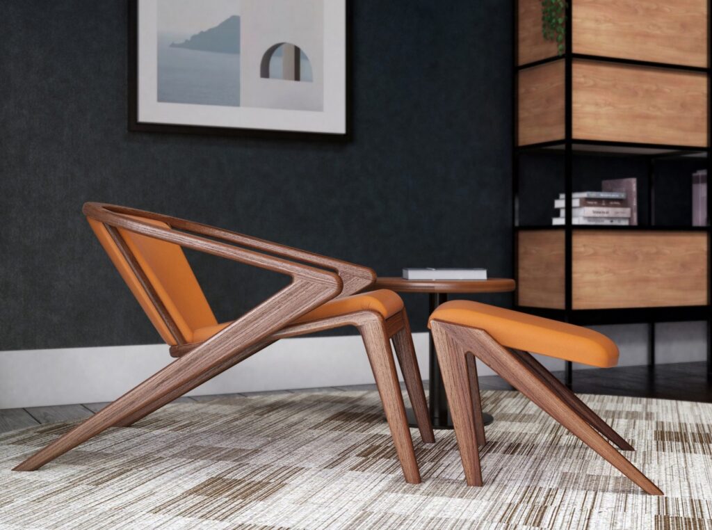 Side view of lounge chair in walnut with orange upholstery