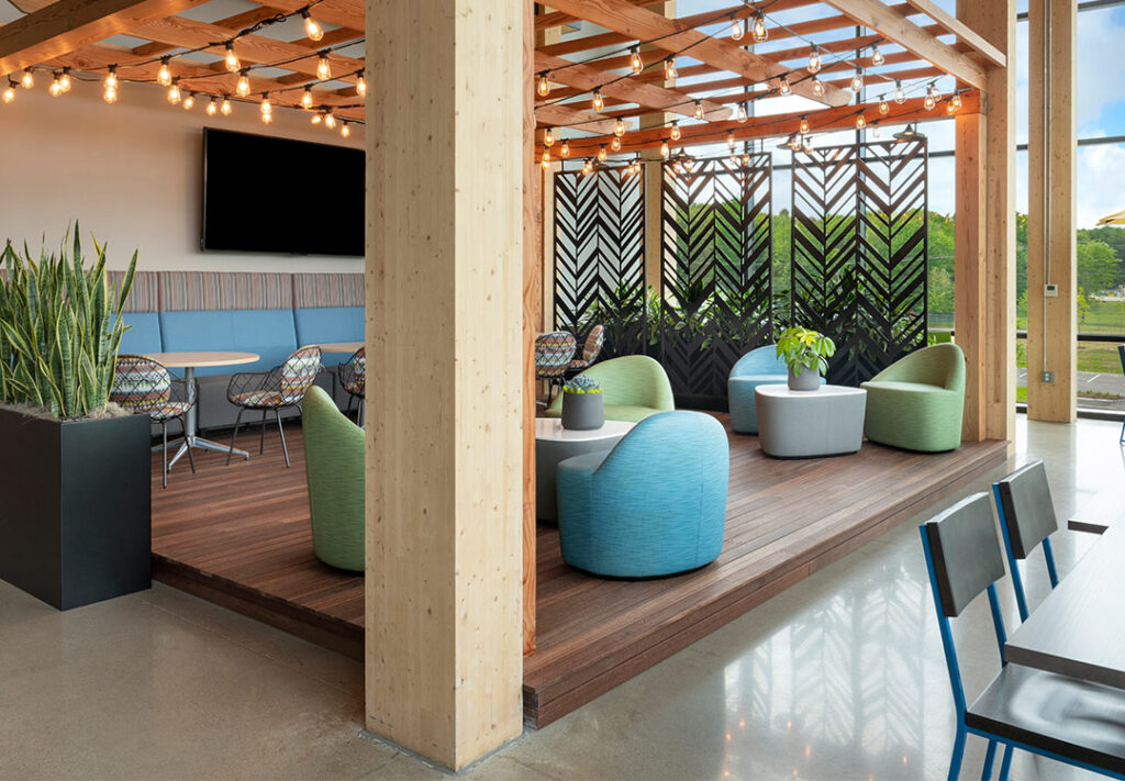 Beach Stones in outdoor café seating in blue and green chairs