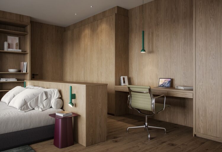 B.lux Berry light on wall and next to bed in green