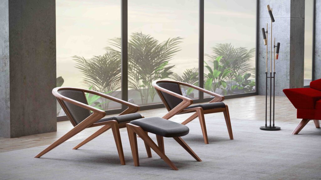 P.R. Lounge in natural wood with gray upholstery in open room with tall windows