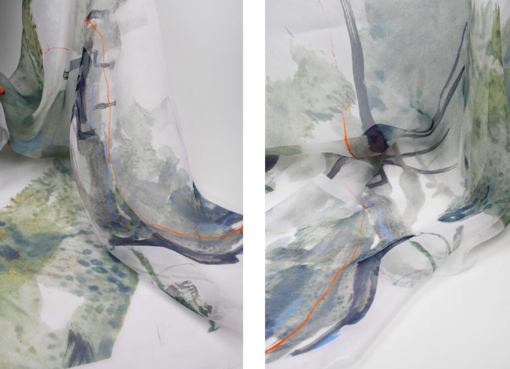 Translucent fabric with abstract swirling shapes