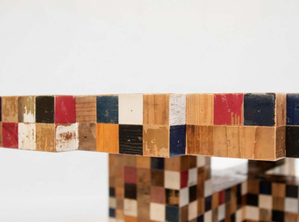 Side view of Waste table showing different blocks of wood