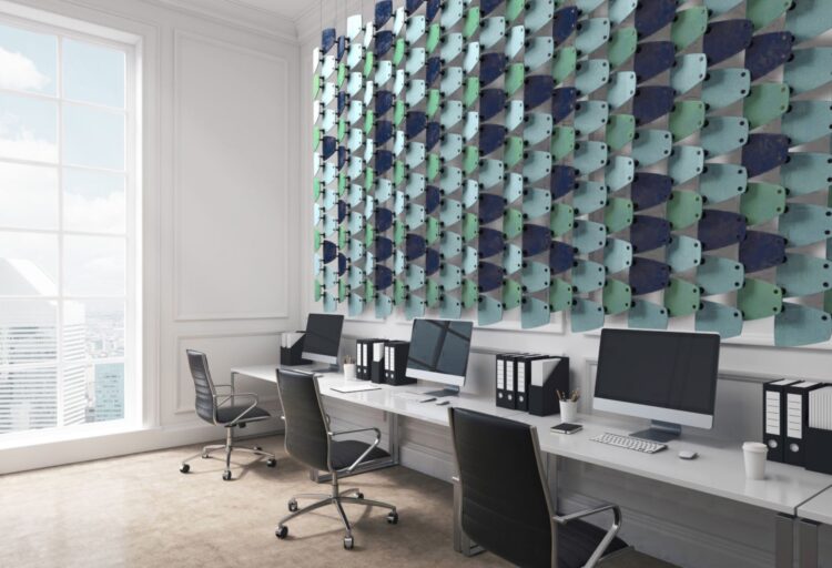 Motif panels in light blue and navy in draped configuration like a curtain